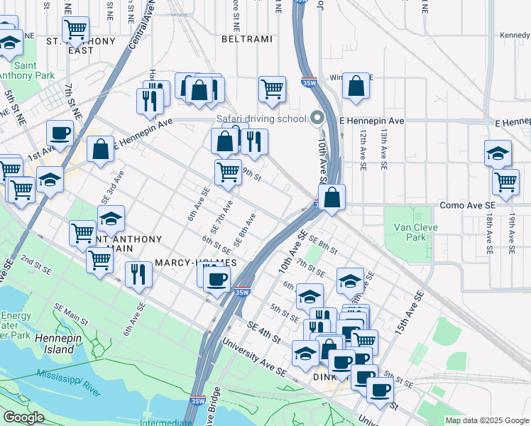 map of restaurants, bars, coffee shops, grocery stores, and more near 817 Southeast 9th Street in Minneapolis