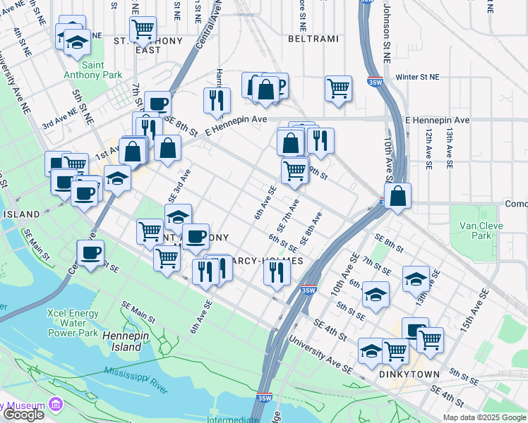 map of restaurants, bars, coffee shops, grocery stores, and more near 527 Southeast 7th Street in Minneapolis
