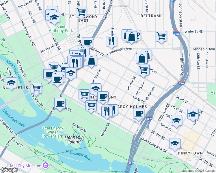map of restaurants, bars, coffee shops, grocery stores, and more near 415 6th Street Southeast in Minneapolis