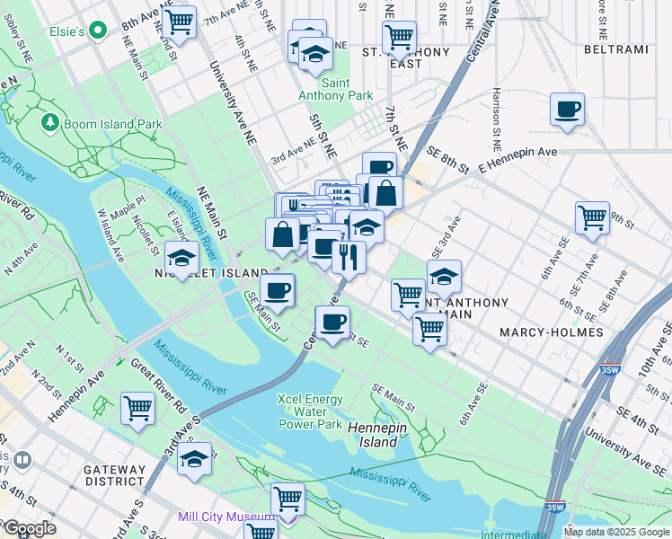 map of restaurants, bars, coffee shops, grocery stores, and more near 322 East Hennepin Avenue in Minneapolis