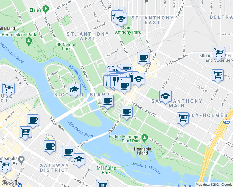 map of restaurants, bars, coffee shops, grocery stores, and more near 233 East Hennepin Avenue in Minneapolis