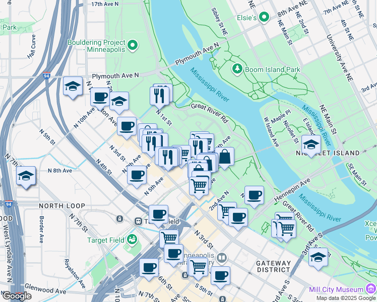 map of restaurants, bars, coffee shops, grocery stores, and more near in Minneapolis