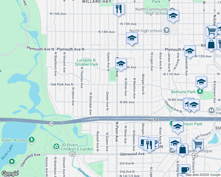 map of restaurants, bars, coffee shops, grocery stores, and more near 1004 Queen Avenue North in Minneapolis