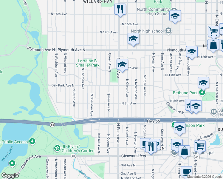 map of restaurants, bars, coffee shops, grocery stores, and more near 1004 Queen Avenue North in Minneapolis