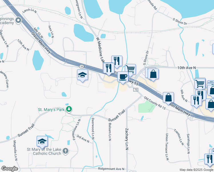 map of restaurants, bars, coffee shops, grocery stores, and more near 800 Cottonwood Lane North in Plymouth