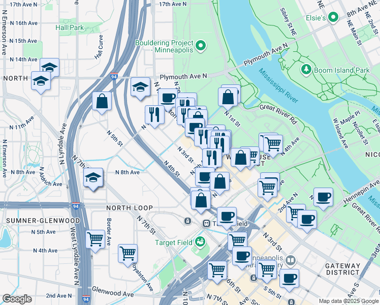 map of restaurants, bars, coffee shops, grocery stores, and more near 728 North 3rd Street in Minneapolis
