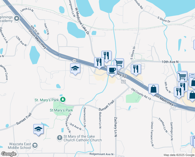 map of restaurants, bars, coffee shops, grocery stores, and more near 11305 Highway 55 in Plymouth