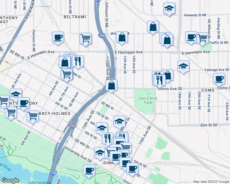 map of restaurants, bars, coffee shops, grocery stores, and more near 1100c Como Avenue Southeast in Minneapolis
