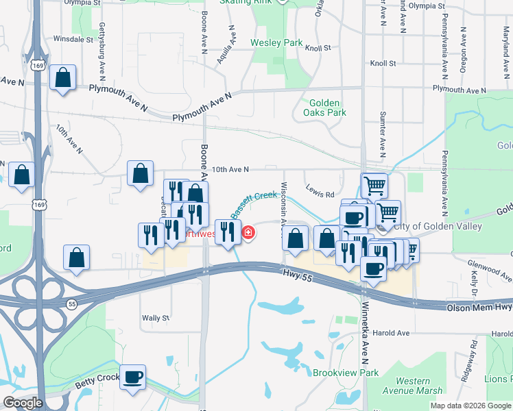 map of restaurants, bars, coffee shops, grocery stores, and more near 8350 Golden Valley Road in Golden Valley