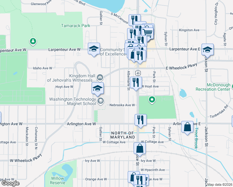 map of restaurants, bars, coffee shops, grocery stores, and more near 1542 Marion Street in Saint Paul