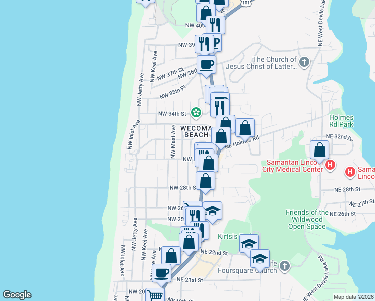 map of restaurants, bars, coffee shops, grocery stores, and more near in Lincoln City