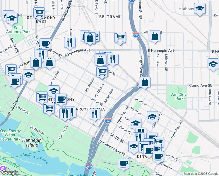 map of restaurants, bars, coffee shops, grocery stores, and more near 725 Southeast 8th Avenue in Minneapolis