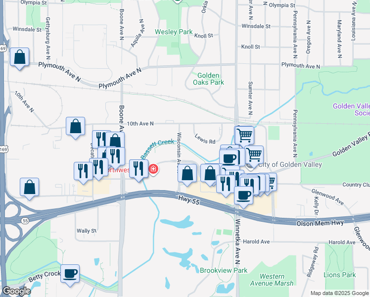 map of restaurants, bars, coffee shops, grocery stores, and more near 780 Wisconsin Avenue North in Golden Valley