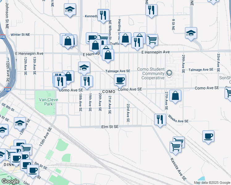 map of restaurants, bars, coffee shops, grocery stores, and more near 2200 Como Avenue Southeast in Minneapolis