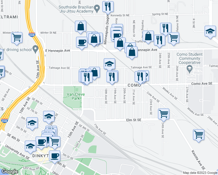 map of restaurants, bars, coffee shops, grocery stores, and more near 1000 18th Avenue Southeast in Minneapolis