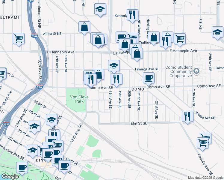 map of restaurants, bars, coffee shops, grocery stores, and more near 1000 18th Avenue Southeast in Minneapolis