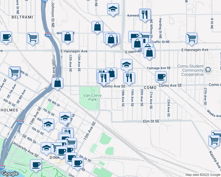 map of restaurants, bars, coffee shops, grocery stores, and more near 1523 Como Avenue Southeast in Minneapolis