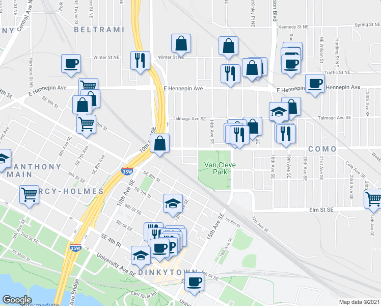 map of restaurants, bars, coffee shops, grocery stores, and more near 1201 Como Avenue Southeast in Minneapolis
