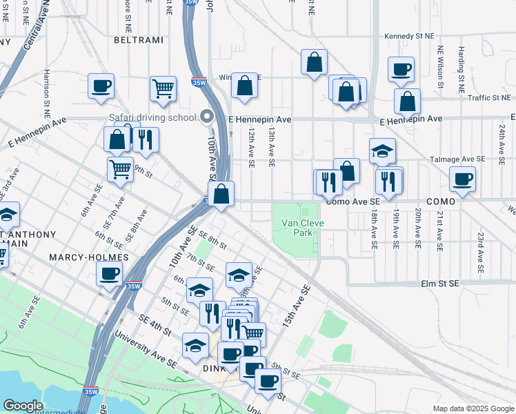 map of restaurants, bars, coffee shops, grocery stores, and more near 1201 Como Avenue Southeast in Minneapolis