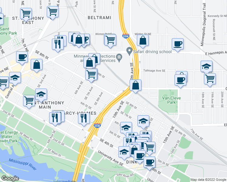 map of restaurants, bars, coffee shops, grocery stores, and more near 817 Southeast 9th Street in Minneapolis