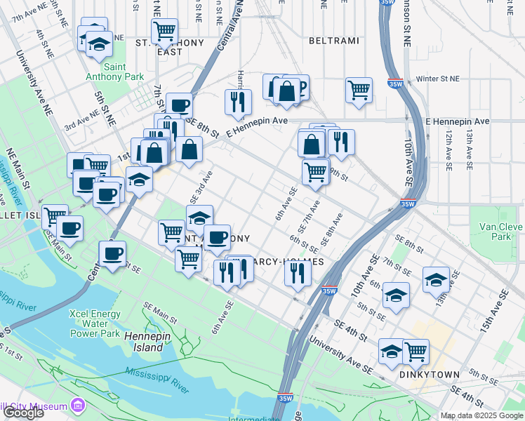 map of restaurants, bars, coffee shops, grocery stores, and more near 500 Southeast 7th Street in Minneapolis