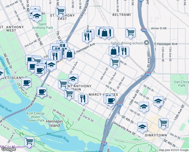 map of restaurants, bars, coffee shops, grocery stores, and more near 500 Southeast 7th Street in Minneapolis