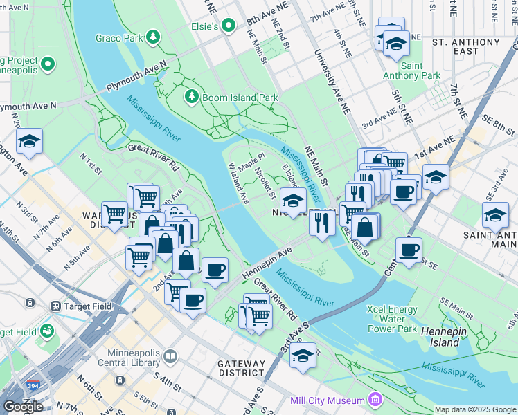 map of restaurants, bars, coffee shops, grocery stores, and more near 20 Grove Street in Minneapolis