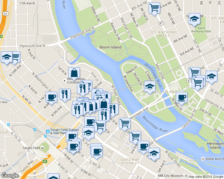 map of restaurants, bars, coffee shops, grocery stores, and more near 29 North 4th Avenue in Minneapolis