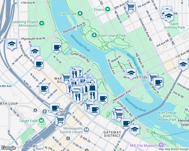 map of restaurants, bars, coffee shops, grocery stores, and more near 29 North 4th Avenue in Minneapolis