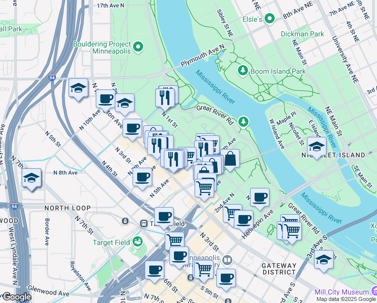 map of restaurants, bars, coffee shops, grocery stores, and more near in Minneapolis