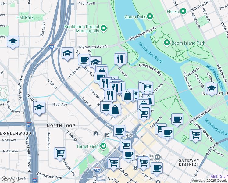 map of restaurants, bars, coffee shops, grocery stores, and more near 616 North Washington Avenue in Minneapolis