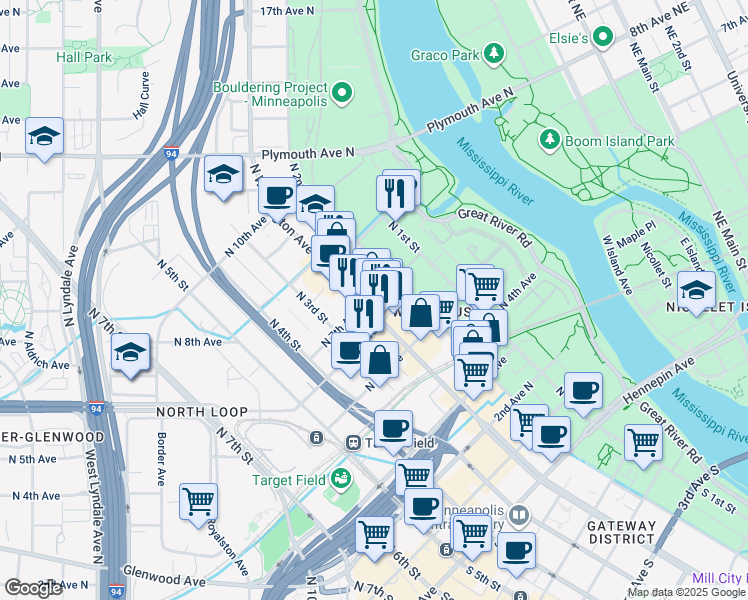 map of restaurants, bars, coffee shops, grocery stores, and more near 616 North Washington Avenue in Minneapolis