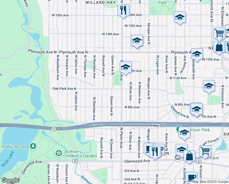 map of restaurants, bars, coffee shops, grocery stores, and more near 1004 Queen Avenue North in Minneapolis