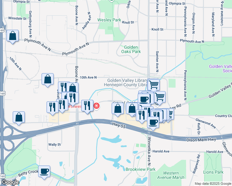 map of restaurants, bars, coffee shops, grocery stores, and more near 780 Wisconsin Avenue North in Golden Valley