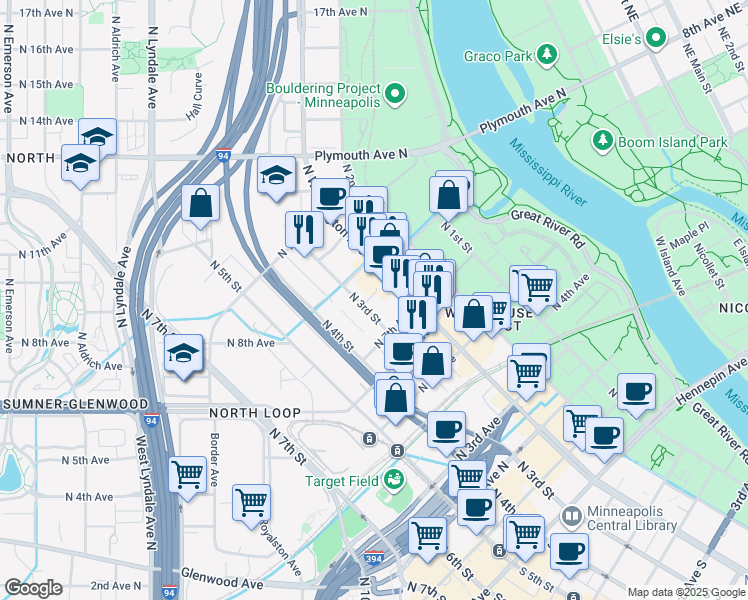 map of restaurants, bars, coffee shops, grocery stores, and more near 748 North 3rd Street in Minneapolis