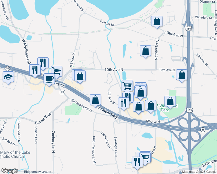 map of restaurants, bars, coffee shops, grocery stores, and more near 820 Trenton Lane North in Plymouth
