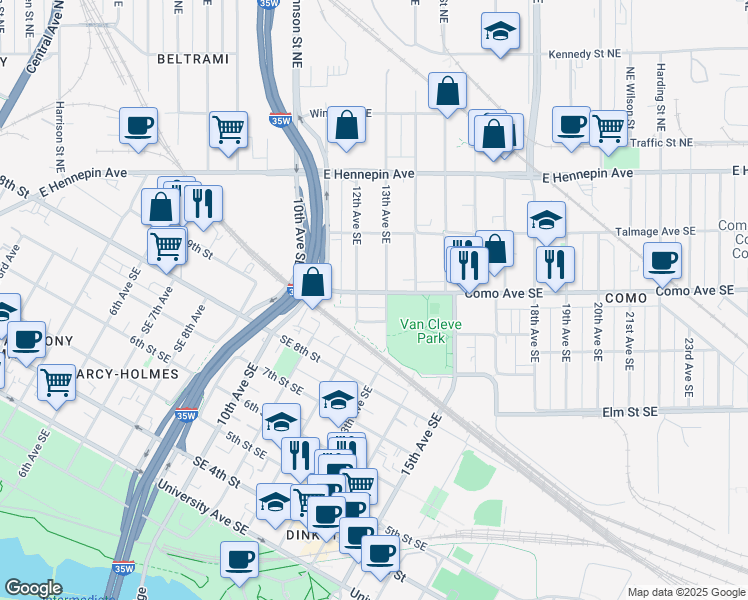 map of restaurants, bars, coffee shops, grocery stores, and more near 1201 Como Avenue Southeast in Minneapolis