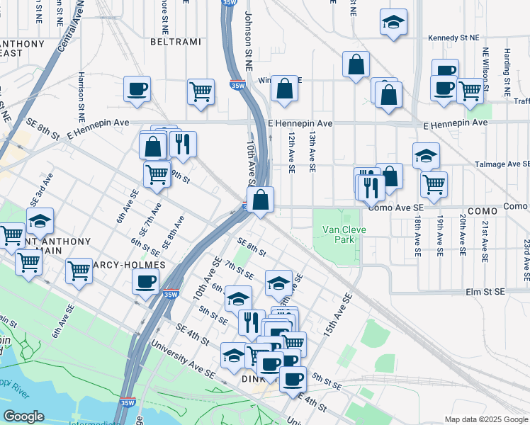 map of restaurants, bars, coffee shops, grocery stores, and more near 1040 Como Avenue Southeast in Minneapolis
