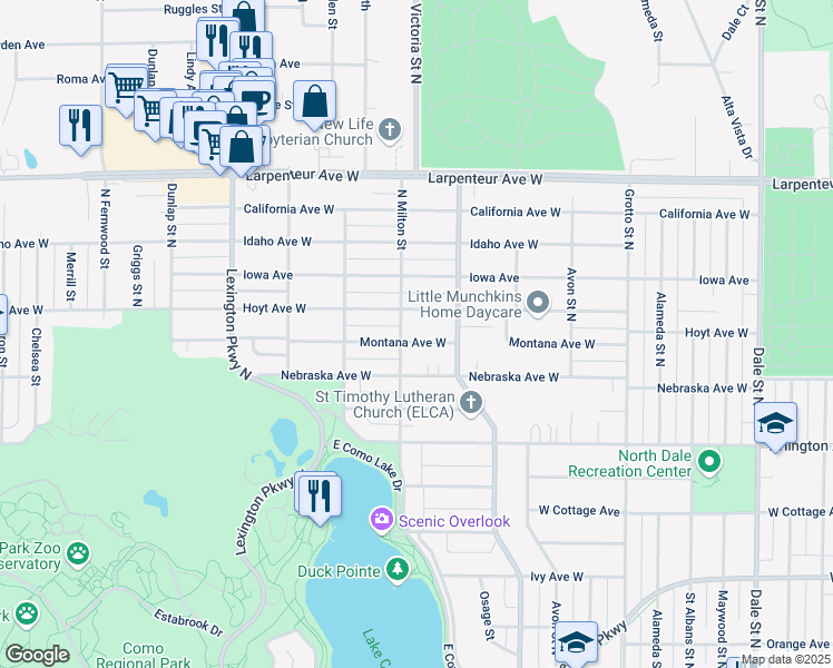 map of restaurants, bars, coffee shops, grocery stores, and more near 1558 North Milton Street in Saint Paul