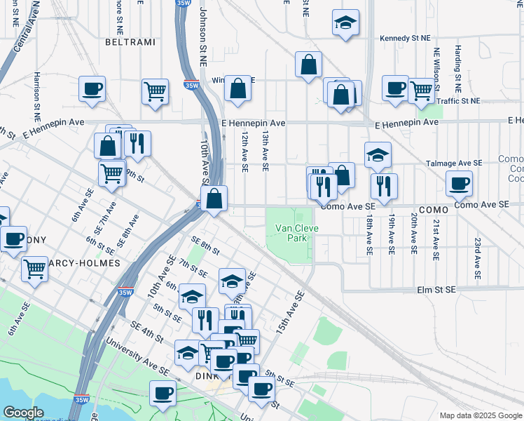 map of restaurants, bars, coffee shops, grocery stores, and more near 1222 Como Avenue Southeast in Minneapolis