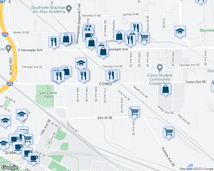 map of restaurants, bars, coffee shops, grocery stores, and more near 2100 Como Avenue Southeast in Minneapolis