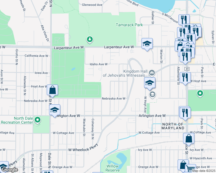 map of restaurants, bars, coffee shops, grocery stores, and more near 1556 Cumberland Street in Saint Paul