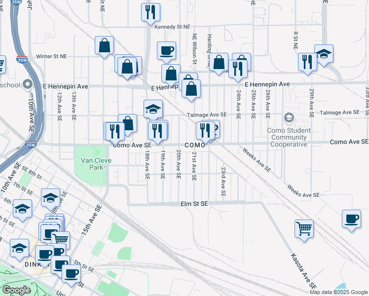 map of restaurants, bars, coffee shops, grocery stores, and more near 2015 Como Avenue Southeast in Minneapolis