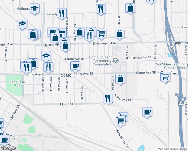 map of restaurants, bars, coffee shops, grocery stores, and more near 2501 Como Avenue Southeast in Minneapolis