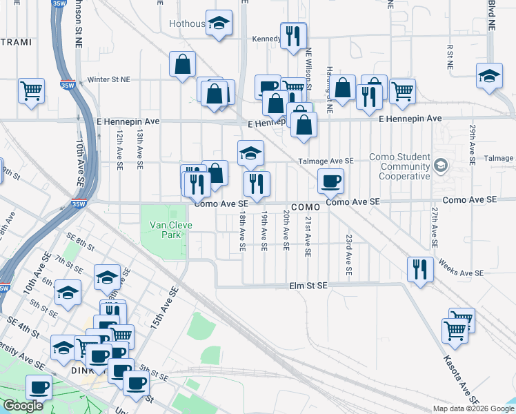 map of restaurants, bars, coffee shops, grocery stores, and more near 1828 Como Avenue Southeast in Minneapolis