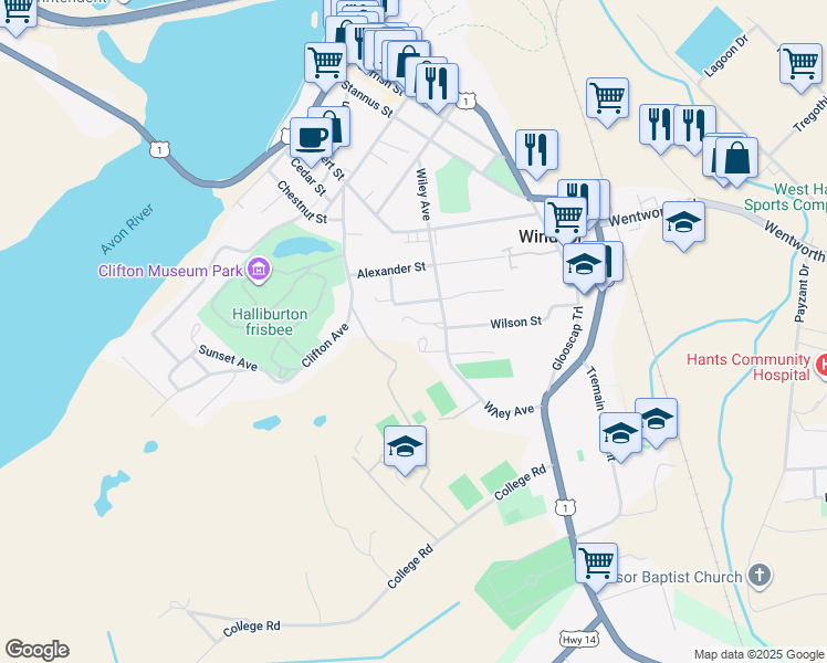 map of restaurants, bars, coffee shops, grocery stores, and more near 490 Wiley Avenue in Windsor