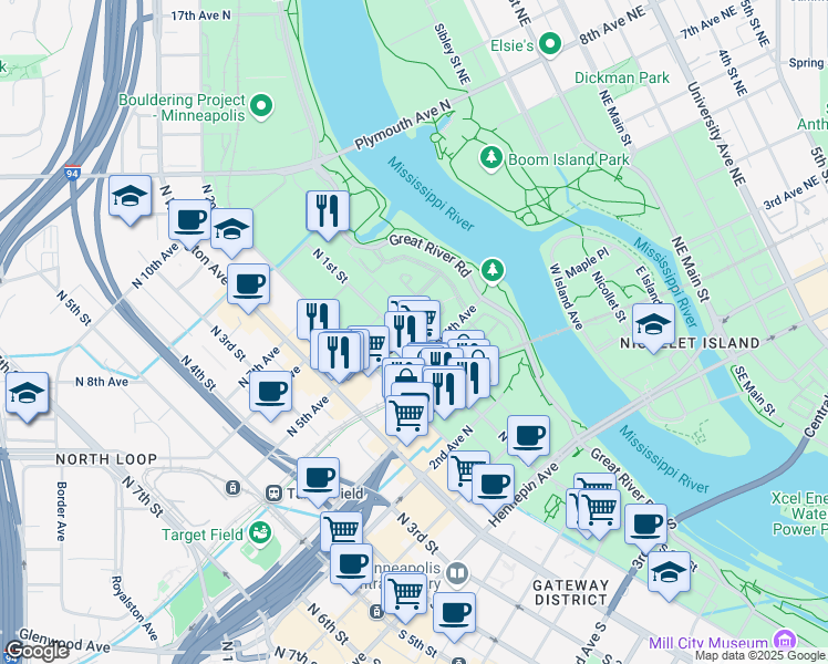 map of restaurants, bars, coffee shops, grocery stores, and more near 408 North 1st Street in Minneapolis