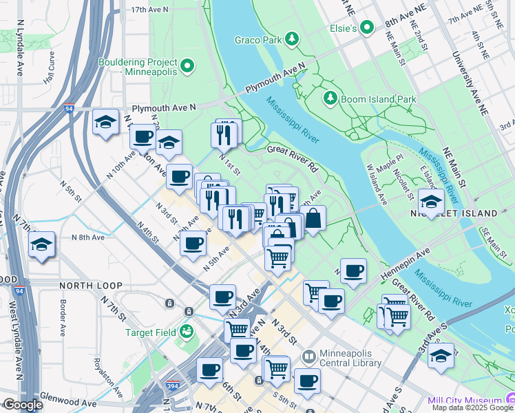 map of restaurants, bars, coffee shops, grocery stores, and more near in Minneapolis