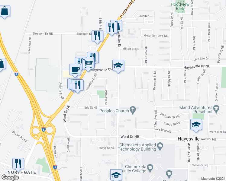 map of restaurants, bars, coffee shops, grocery stores, and more near 4605 Lancaster Drive Northeast in Salem