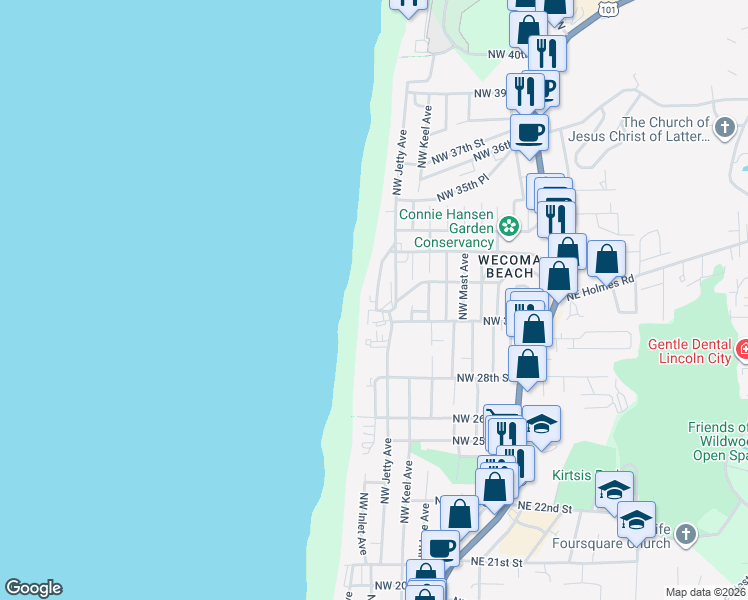 map of restaurants, bars, coffee shops, grocery stores, and more near 3115 Northwest Inlet Avenue in Lincoln City